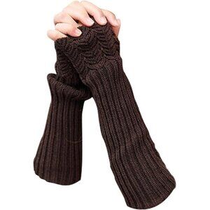 Women's Half Finger Dark Coffee Fingerless Knit Arm Warmers Stretchy Long Gloves